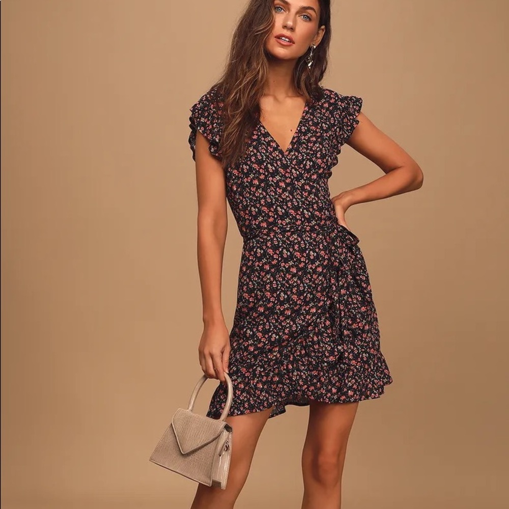 Lulu’s a Beauty Downtown black floral wrap dress
